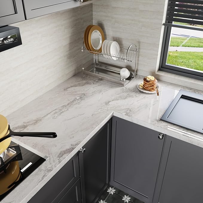 CRE8TIVE Wide 24"x354" Glossy Beige Silver Marble Wallpaper Self Adhesive Marble Contact Paper for Countertops Waterproof Kitchen Peel and Stick Countertop Contact Paper Removable Vinyl Roll for Walls - Image 5