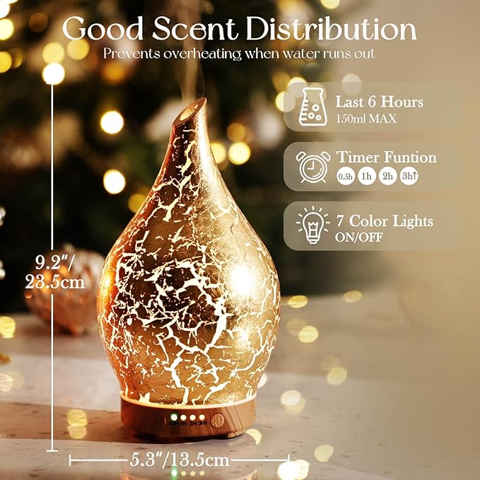 Porseme Essential Oil Diffuser Glass Aromatherapy Ultrasonic Humidifier, Air Refresh Auto Shut-Off, Timer Setting, BPA Free for Home Hotel Yoga Leisure SPA Gift 150ml Last 6H - Image 3