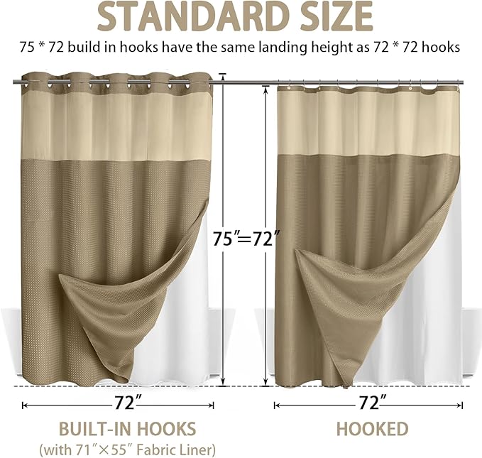 No Hook Shower Curtain and Liner Set,Beige Hotel Waffle Shower Curtain with Liner 75" L x 72" W - Image 6