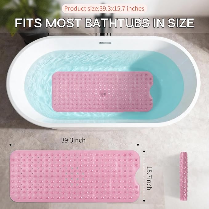 Anti-Slip Bathtub Shower mat, 39.3×15.7 inch（Approximately 100 × 40cm） Soft Oversized Machine Washable Non-Slip Bathtub mat with Drainage Holes, Bathroom Floor Suction Cup.（1-Clear Pink） - Image 3