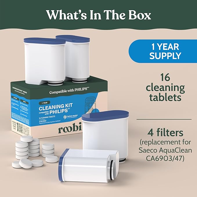 Roobi Cleaning Tablets & Filters Compatible with Philips Saeco. Includes 16 Espresso Cleaning Tablets & 4 Water Filters. Carbon Neutral Philips Cleaner Kit. 1 Year Supply. - Image 2