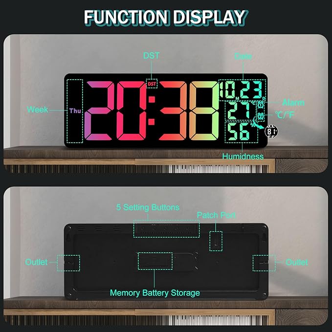 JoFomp 17.3" Large Digital Wall Clock, LED Digital Clock Large Display with Remote Control, Alarm Clock with Temp/DST/Dimmer/Humidity/Timer/Ambient Light - 12/24H, Alarm Wall Clock for Bedroom - Image 8