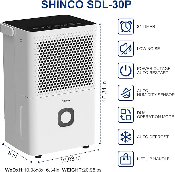 Shinco 30 Pints Dehumidifier for Home and Basements, 1500 Sq.Ft Dehumidifiers with Drain Hose, Auto or Manual Drainage, Auto Defrost, Quietly Remove Moisture, Activated Carbon Filter, 24HR Timer - Image 3