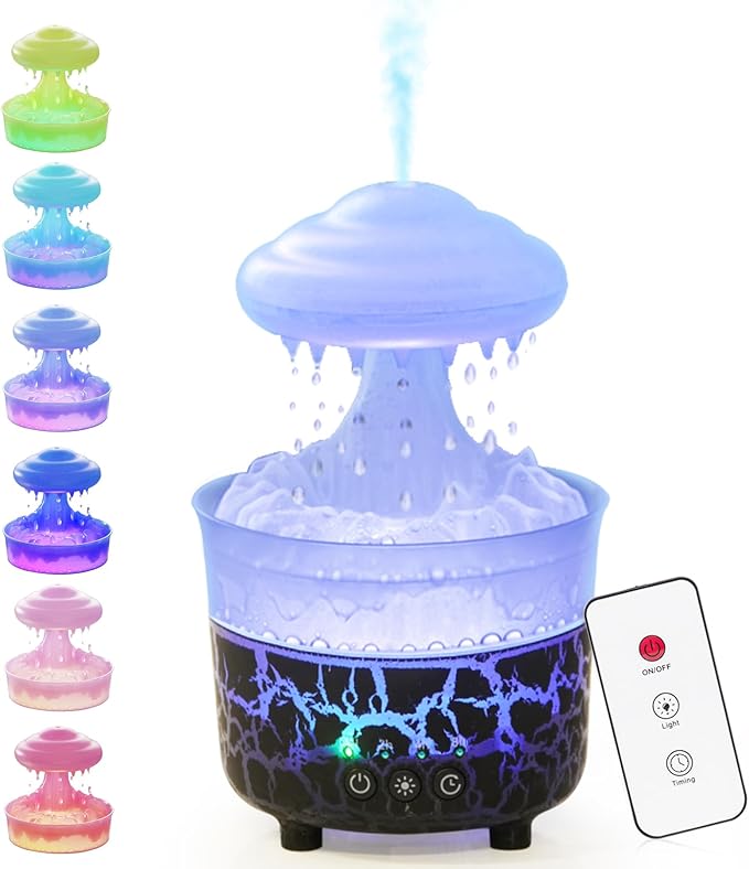 BOHOFAM Aroma Essential Oil Diffuser,Rain Cloud humidifier Simultaneously Water Drip and Air Mist,Rain Diffuser with 4 Hotel Collection Essential Oils for Home,Bedroom,Colorful Light(Black) - Image 9