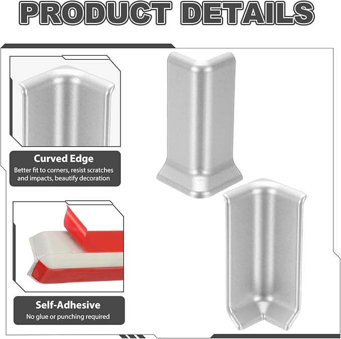 uxcell Self Adhesive Baseboard Corner Blocks, 3.23 Inch Wall Edge Corner Protector 2 Inside + 2 Outside Corners-Connector for Wall Floor Furniture Edge(Silver) - Image 4