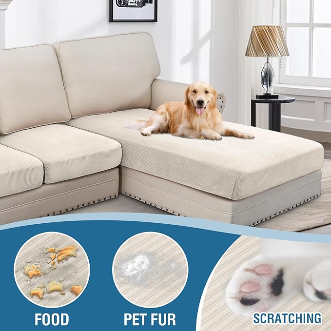 H.VERSAILTEX Velvet Stretch Sectional Couch Covers - 4 Piece Set, L Shape, Ivory Striped (Large Sofa 3 Seater + 1 Chaise) - Image 3