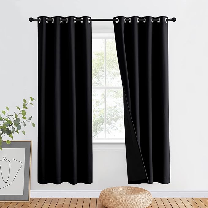 NICETOWN 100% Blackout Window Curtain Panel, Full Light Blocking Drape with Black Liner for Nursery, 72 inches Drop Thermal Bedroom Drape and Curtain (Black, 1 Piece, 46 inches Wide Per Panel) by NICETOWN