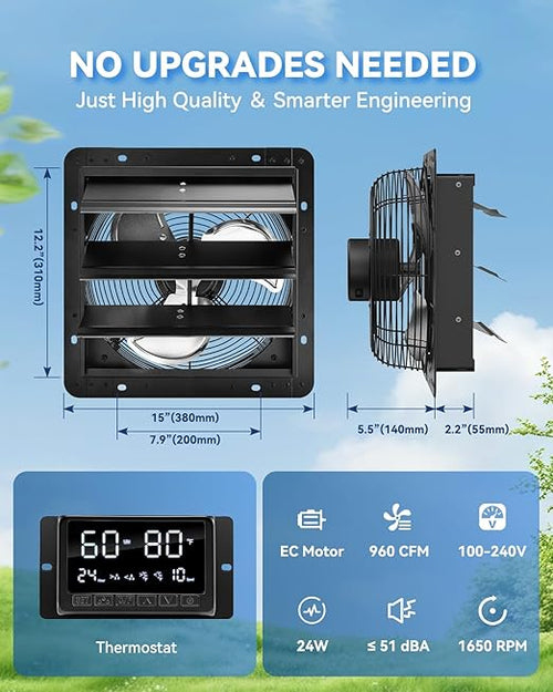 12" Wall Mounted Shutter Exhaust Fan with Thermostat - Temperature Humidity Controller, EC Motor, Aluminum Auto Shutter Ventilation Fan, Attic Vent Fan, Coops, Greenhouse, Barn, Shed Ventilator - Image 2