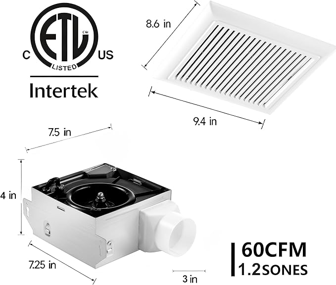 Bathroom Exhaust Fan 60 CFM 1.2 Sone, 3 Inch Duct, Quiet Energy Saving Ventilation Fan, Easy to Install Ceiling/Wall Mount, White, ETL Certified - Image 4