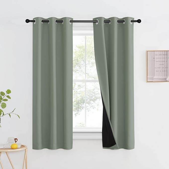 NICETOWN 100% Blackout Window Curtain Panels, Heat and Full Light Blocking Drapes with Black Liner for Nursery, 60" Drop Thermal Insulated Draperies (Greyish Green, 2 Pieces, 37" Wide Each Panel) by NICETOWN