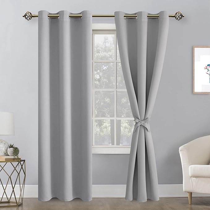 Hiasan Blackout Curtains for Bedroom, 42 x 84 Inches Long - Thermal Insulated & Light Blocking Window Curtains for Living Room, 2 Drape Panels Sewn with Tiebacks, Silver Grey - Image 2