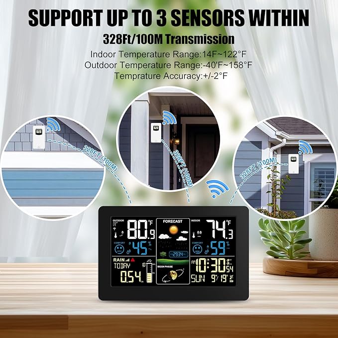 Weather Station with Rain Gauge Outdoor, Home Weather Stations Wireless Indoor Outdoor with Digital Rain Gauges, Thermometer, Barometer, Hygrometer, Atomic Clock, Weather Forecast, with 3 Sensor - Image 4