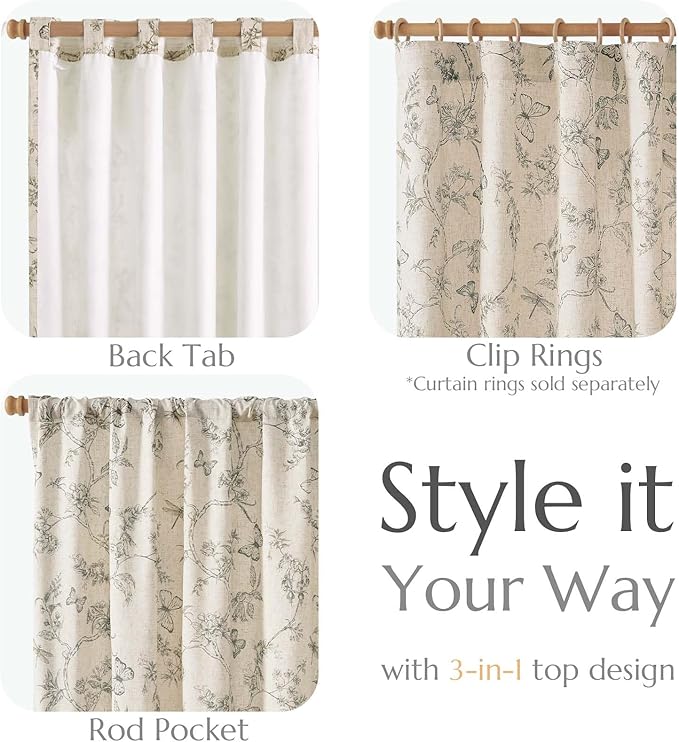 jinchan Floral Curtains Lined Linen Blend Curtain for Living Room 63 Inch Length Grey Farmhouse Curtains French Country Flower Gray Patterned Curtain Drapes Back Tab Rod Pocket 2 Panels - Image 3