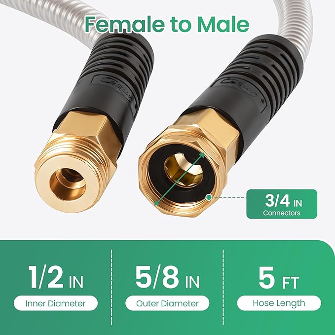Cesun Metal Garden, Short Connector, Water Lead-in Hose Extension, Extremely Flexible, for Hose Reel/RV/Dehumidifier, Lightweight/Durable/Drinking Water Safe SS Female to Male, 5FT - Image 7