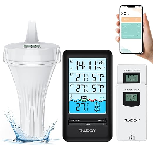 Raddy PT-3 Wi-Fi Pool Thermometer Floating Easy Read with 2 Additional Remote Sensors, APP Remote Monitor, Large Digital Display, Rechargeable, Wireless Hygrometer Thermometer for Indoor Outdoor by Raddy