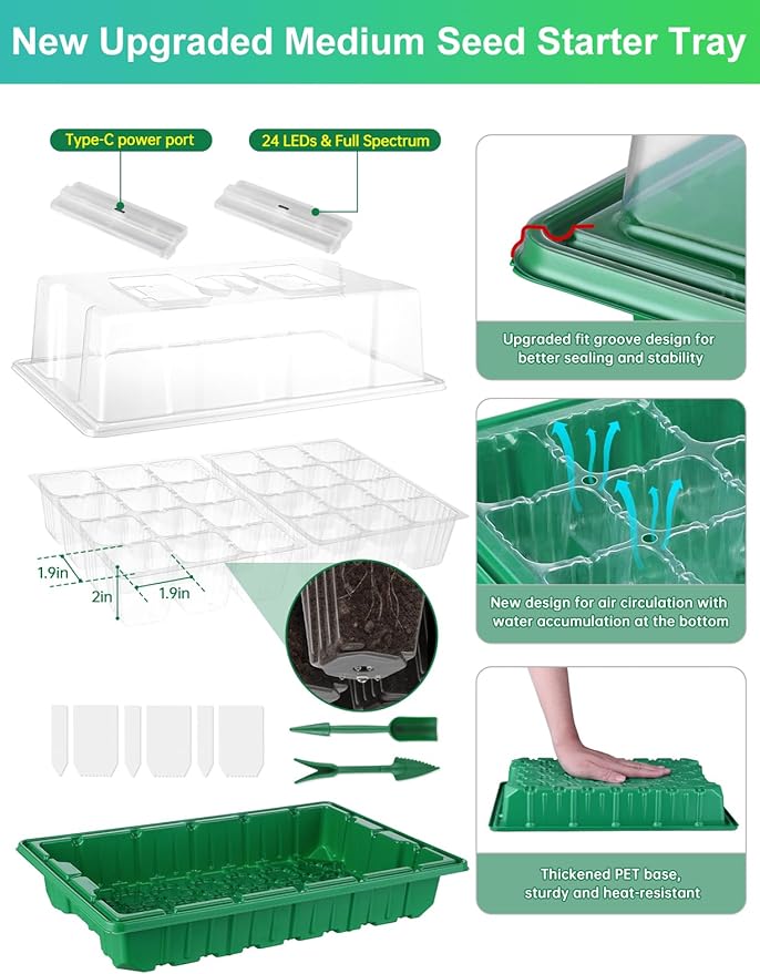 Large Seed Starter Trays with Heat Mat, Seed Starter Kit with 48 Full Spectrum LEDs, 24 Large Cells Seed Germination Kit with Adjustable Humidity Vents for Indoor Plants Seeds Starting - Image 2