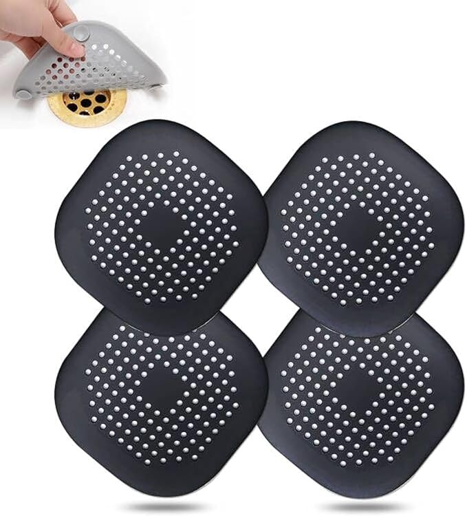 Hair Drain Catcher,Square Drain Cover for Shower Silicone Hair Stopper with Suction Cup,Easy to Install Suit for Bathroom,Bathtub,Kitchen 4 Pack (Jet Black) by Bovinde