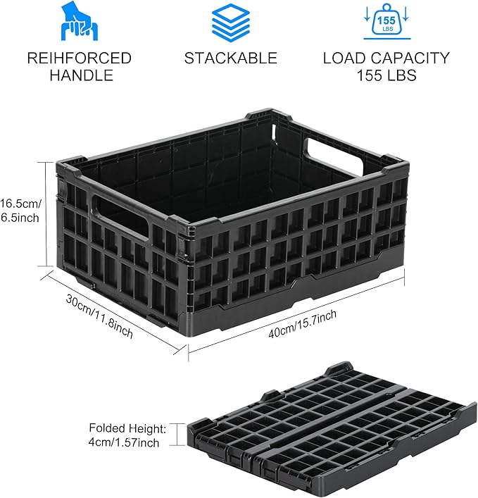 4-Pack Heavy Duty Stackable Storage Crates Plastic Collapsible Milk Crate Garage Organizing Bins Storage Containers for Home Office Moving Supplies, Black - Image 7