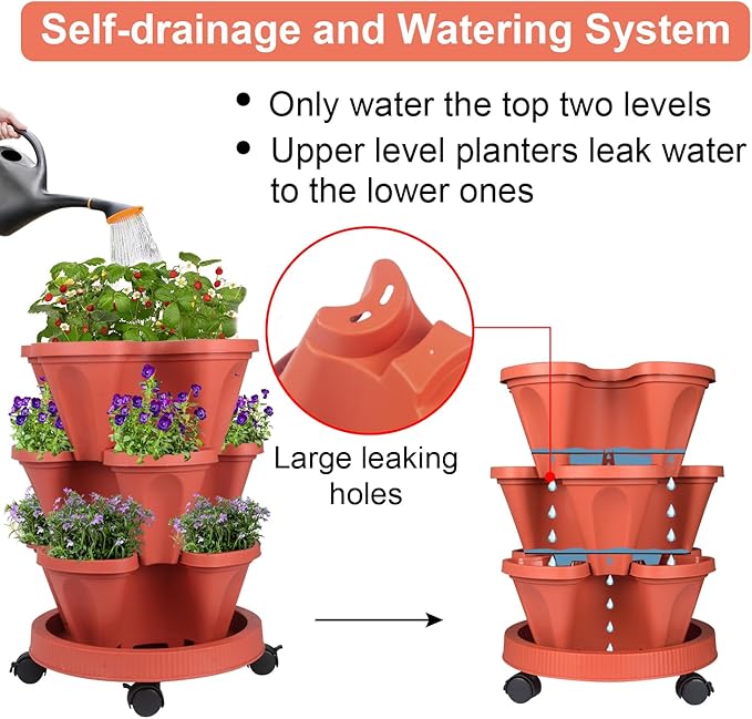 GameXcel Vertical Planter 3 Tier Stackable Planters Garden Planters Strawberry Herb Flower and Vegetable Planter Indoor Outdoor Gardening Pots with Removable Wheels and Tools - Image 4