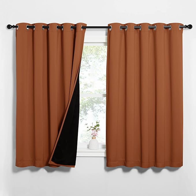 NICETOWN Burnt Orange 100% Blackout Lined Curtains, 2 Thick Layers Completely Blackout Window Treatment Thermal Insulated Drapes for Kitchen/Bedroom (1 Pair, 62" Width x 63" Length Each Panel) by NICETOWN