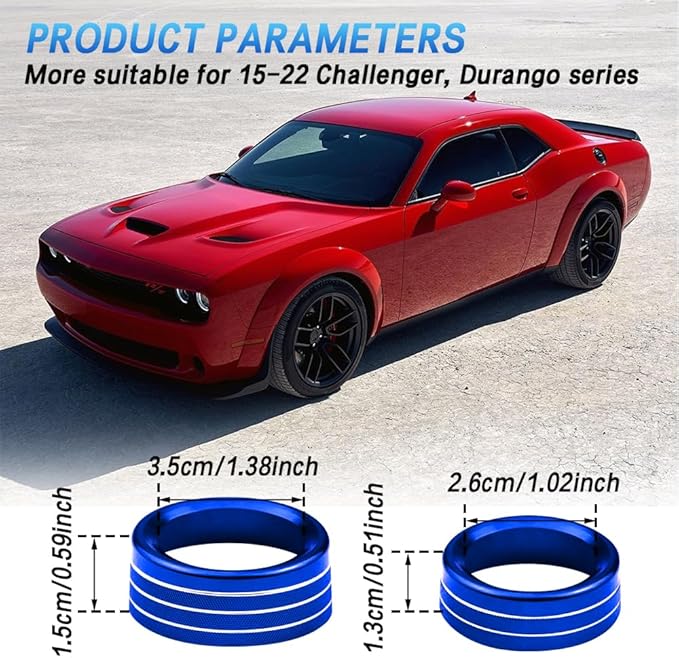 3PCS Air Conditioner Switch Button Knob Cover, Auto Accessories Climate Control Knob Covers, Aluminum Alloy Knob Ring Trim Cover Compatible with Dodge Challenger Durango 2015-2022 (Blue) - Image 6