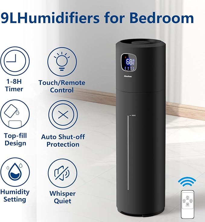 Large Humidifiers for Bedroom, 9L/2.5Gal Ultrasonic Cool Mist, Top Fill Easy Clean with 350ML/H Mist Speed, Quiet, Suitable for Kids Room Plant Yoga Office Study Room Living (Black, Round) - Image 2
