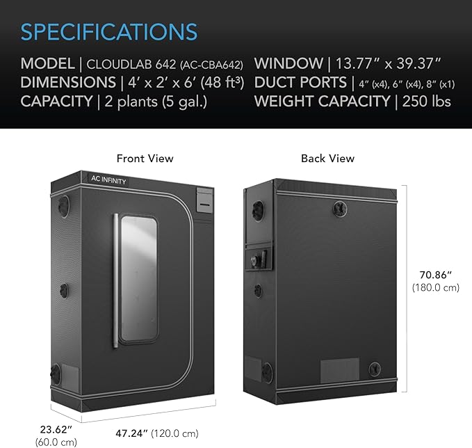 AC Infinity CLOUDLAB 642, Advance Grow Tent 4x2, Thickest 1" Poles, 2000D Mylar Canvas, Lab-Tested Highest Reflectivity, Largest Zipper Window, Controller Mount Plate, 48" x 24" x 72" Indoor Growing - Image 7