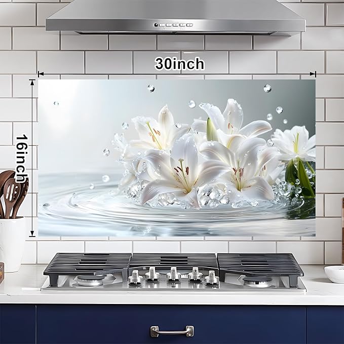NYZE Kitchen Backsplash Stickers Waterproof Stove Backsplash Protector, 30 X 16 inch Removable Kitchen Wallpaper with Wall Art Decor for Stove Cooking Area(White Lily) - Image 3