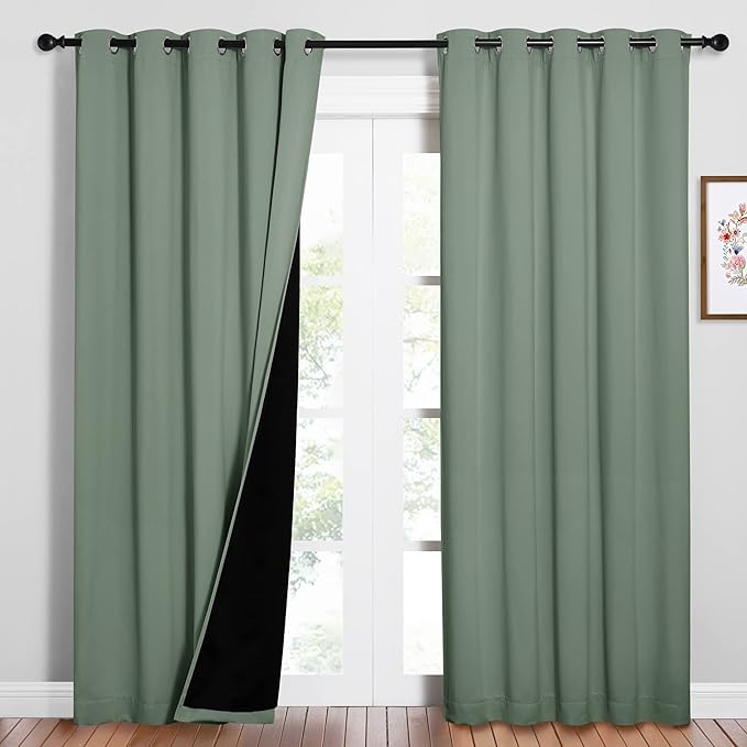NICETOWN 100% Blackout Window Curtain Panels, Cold and Full Light Blocking Drapes with Black Liner for Nursery, 84 inches Drop Thermal Insulated Draperies (Greyish Green, 2 PCs, 62" Wide Each Panel) by NICETOWN