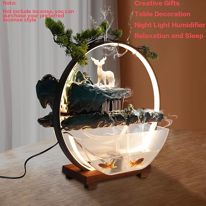 17Inch Mini Fish Tank Tabletop Decoration Indoor Waterfall Fountains Humidifier with LED Light and Atomizer Mist, Water Fountain Japanese Zen Decor Meditation Fake Plants Bonsai Gift - Image 2
