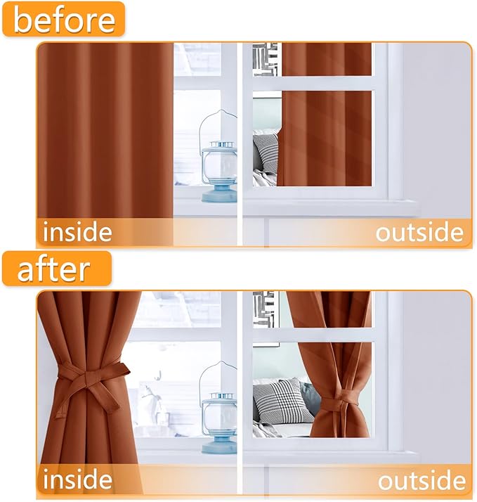 Hiasan Blackout Curtains for Bedroom, 52 x 84 Inches Long - Thermal Insulated & Light Blocking Window Curtains for Living Room/Kids Room Fall Home Decor, 2 Drape Panels Sewn with Tiebacks, Burnt Ochre - Image 4