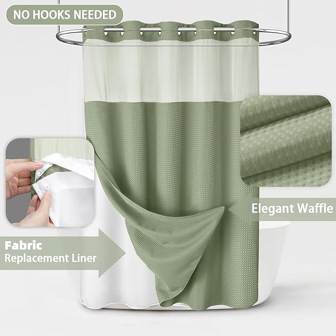 No Hook Shower Curtain and Liner Set,Sage Green Hotel Waffle Shower Curtain with Liner 75" L x 72" W - Image 3