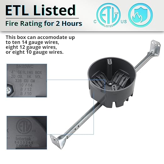 MAKERELE Adjustable Round Ceiling Box Outlet, 4" Dia, 20 Cubic-inches Round Ceiling Bar Hanger Electrical Box for Suspended Ceilings, Grey Adjustable Electrical Box, ETL Listed(3 Pack) - Image 4