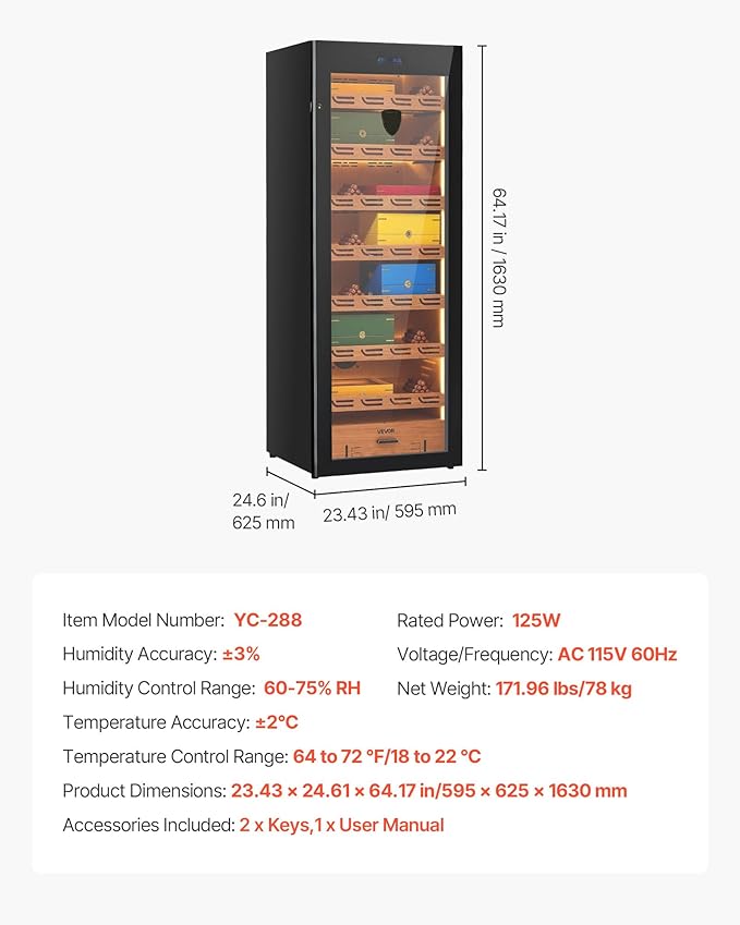 VEVOR Electric Humidor, 288L, 1700 Counts Electric Cigar Humidor Cabinet with Compressor Cooling, Constant Humidity & Temperature Control, Spanish Cedar Wood Shelves & Drawers, 7 Layers, for Household - Image 7