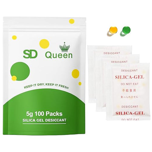 100-Pack 5g Silica Gel Packets – Premium Food Grade Rechargeable Desiccant with Color Indicating Beads for Spices, Vitamins, Electronics & Storage by SD+Queen