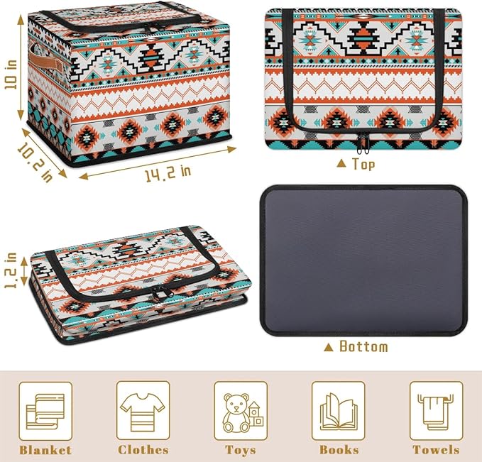 Storage Bin, Collapsible Fabric Storage Boxes with Lids for Organizing, Western Aztec Stackable Closet Organizers and Storage Cube Basket with Handle for Home, Office, Bedroom (10.2"x14.2") - Image 4