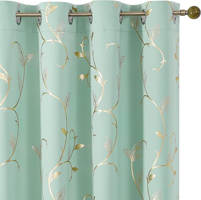 BUHUA Blackout Curtains 72 Inches Long, Gold Foil Print Pattern Room Darkening Curtain, Living Room Curtains & Drapes, Thermal Insulated Window Panel Set, 66 x 72 Inch, Aqua by BUHUA