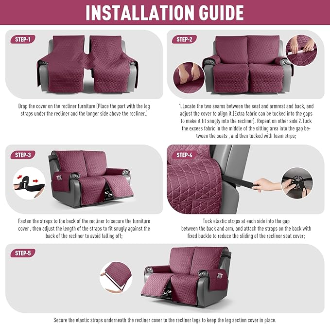 TAOCOCO 100% Waterproof Recliner Cover, Non-Slip Washable Reclining Couch Cover with Elastic Leg Straps, Furniture Protector for Dogs (Wine, 2 Seater) - Image 7