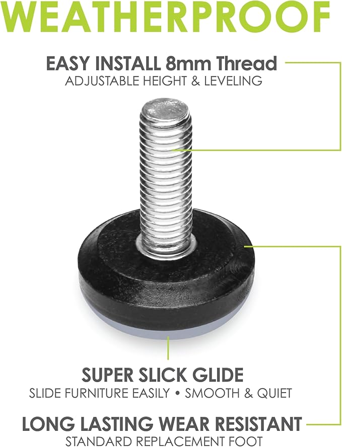 Slipstick Gorilla Outdoor Adjustable Furniture Levelers (8 Pack) Weatherproof Screw in Leg Glides for Chairs, Tables, and Outdoor Furniture Feet, 1-1/8 Inch Slider Glide, M8 Thread - Image 2