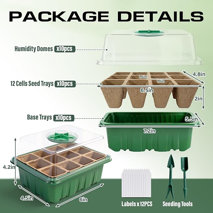Seed Starter Tray Kit 10 Pack, Seed Starting Trays with Humidity Dome (120 Cells Total), Plant Germination Trays Complete Mini Greenhouse for Seed Growing & Seedlings - Image 2