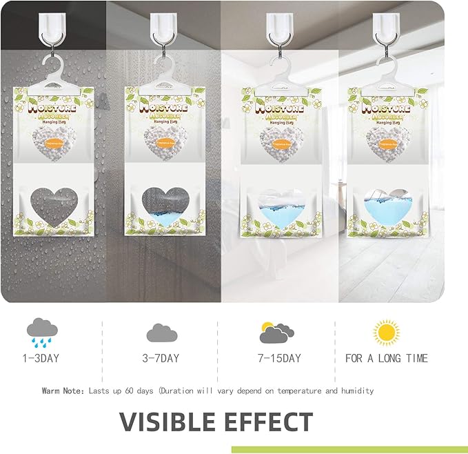 14 Pack Moisture Absorber Hanging Bags,220g/Pack Fagrance Free Moisture Bag,Hanging Closet Dehumidifier Bags for Basement Closet Storeroom - Image 4