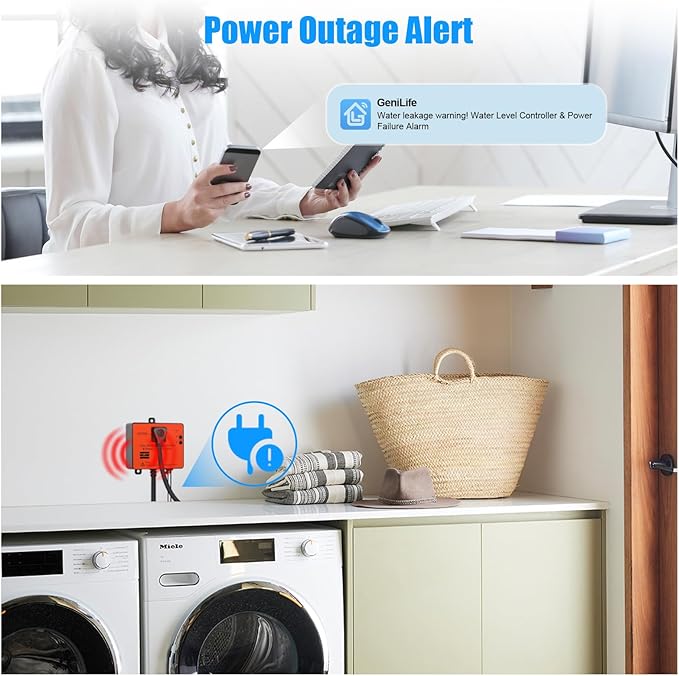 Ortis WiFi Power Failure & Water Leak Alarm, Real-Time Monitoring of Water Level, Temperature & Humidity, 110dB Siren with Flashing Light, APP Alerts, Ideal for Laundry Rooms & Basements - Image 4