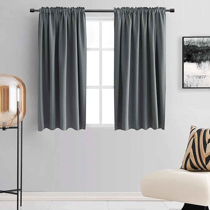 DONREN 48 Inch Length Grey Blackout Curtains for Bedroom - Small Window Treatment Rod Pocket Curtain Drapes (Medium Grey,Set of 2 Panels,52 W x 48 L) by DONREN