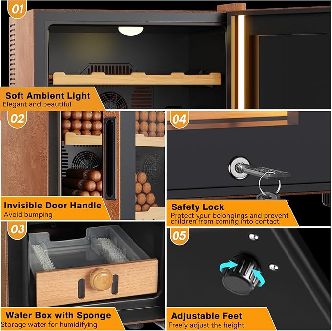 Electric Cooler Cabinet 50L with Temperature and Humidity Control, Leather Finish, Spanish Cedar Wood Shelves and Safety Lock (400 Counts Capacity), Gift for Men - Image 9