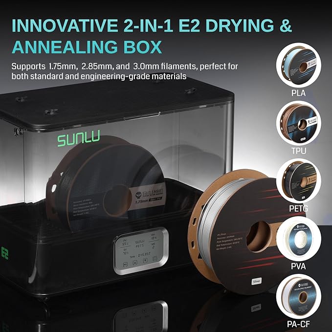 E2 Filament Dryer Box, 110℃ Max Temperature, 500W PTC Heater, 3-in-1 Dry + Anneal + Dehumidify for Engineering Filaments, Dual-Layer Sealed Chamber, Supports PLA, ABS, PC, PA-CF, GF, FR-ABS - Image 6