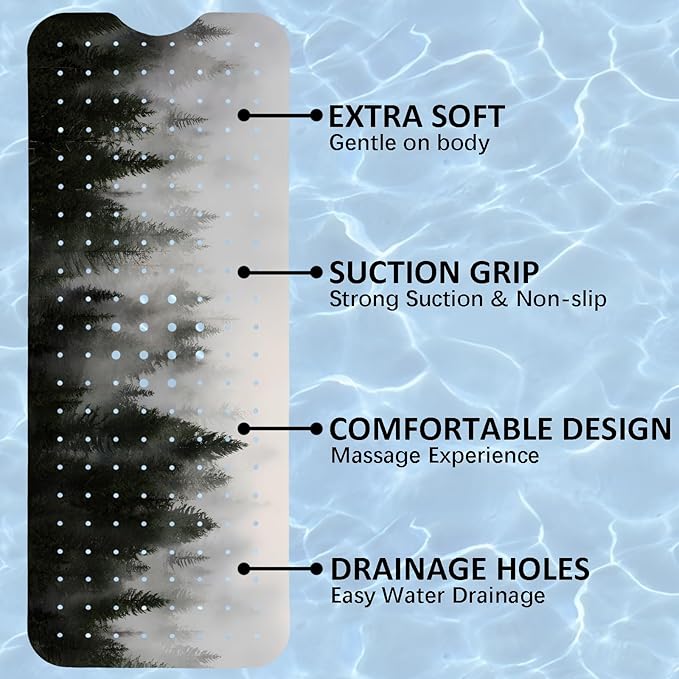 Misty Forest Bathtub Mat Non Slip, Baby Bath Mat for Tub Rubber Tub Mat, Kids Bath Mats for Bathroom Nature Trees Anti Slip Shower Mat with Suction and Drain Holes Machine Washable, 40″X16″ - Image 6