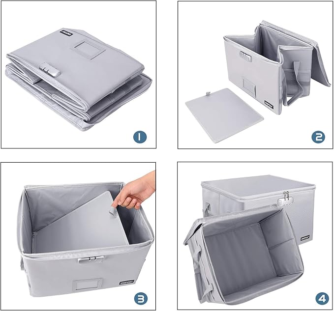 ENGPOW File Box with Lock, Fireproof Document Box with Zipper＆Pockets, Collapsible File Organizer Filing Storage Cabinet with Handle, Portable Home Office Safe for Hanging Letter/Legal Folder,Silver - Image 8