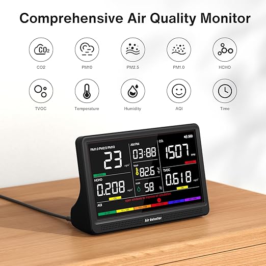 16 in 1 Air Quality Monitor Indoor 7" Display 9 AQI+7 AQI Alerts, CO2 Monitor Air Quality Tester for CO2, TVOC, PM2.5 PM1.0 PM10, HCHO Temperature Humidity AQI & Time Air Quality Meter for Home - Image 2