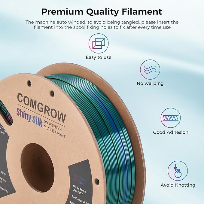 Comgrow Tri-Colors Silk PLA 3D Printer Filament, Rainbow PLA Filament 1.75mm, Dimensional Accuracy +/- 0.02 mm, 1KG Spool, Coextrusion 3D Filament with Shiny Silk Red-Blue-Green - Image 3