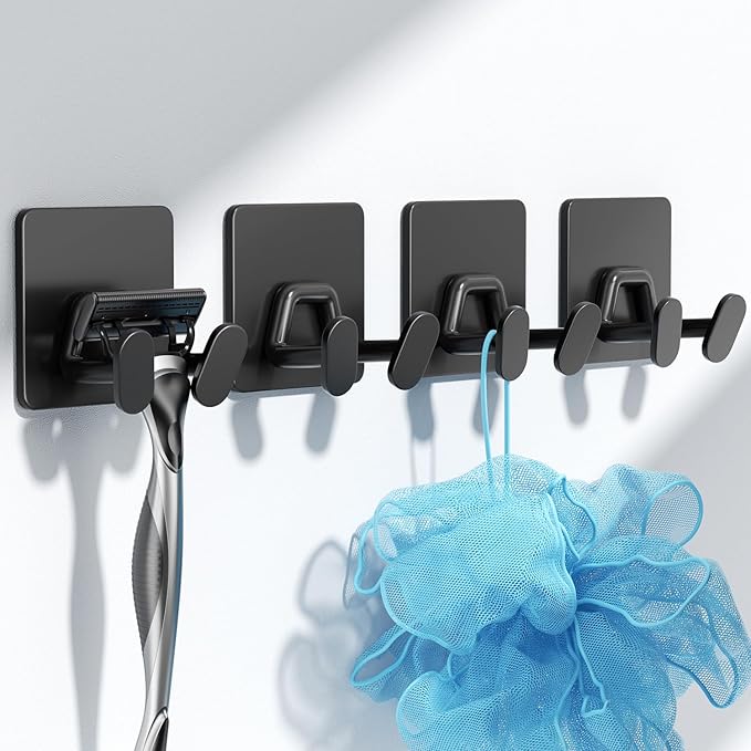 Adhesive Shower Hooks for Inside - Extra Sticky Stainless, Razor Holder Shower Accessories, Wall Mounted Self-Adhesive Double Hooks for Razor, Loofah, Towel, Shaver, Coat, Key, Matt Black, 6 Pack - Image 7